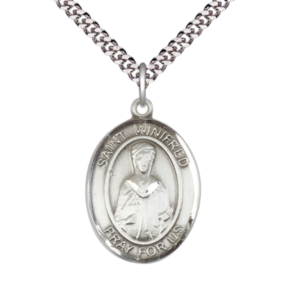 Oval Pewter Saint Winifred of Wales Medal Pendant on 24 inch Rhodium Plated Heavy Curb Brass Chain with Lobster Claw clasp , Catholic Religious Necklace -Made in USA - Deluxe Velvet Gift Box