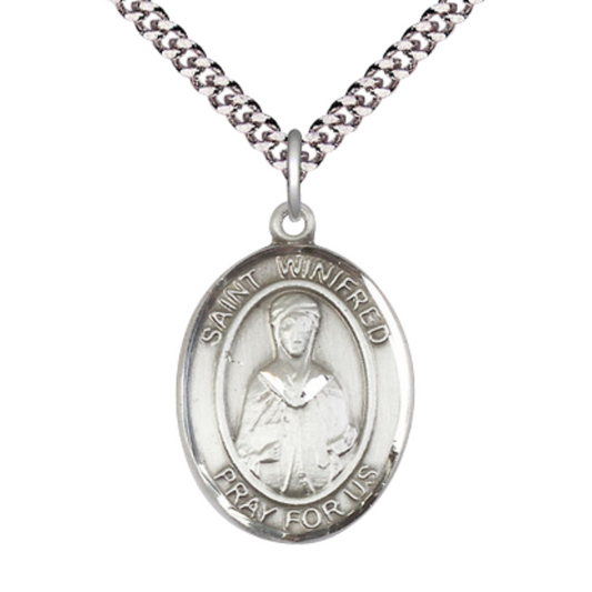 Oval Pewter Saint Winifred of Wales Medal Pendant on 24 inch Rhodium Plated Heavy Curb Brass Chain with Lobster Claw clasp , Catholic Religious Necklace -Made in USA - Deluxe Velvet Gift Box