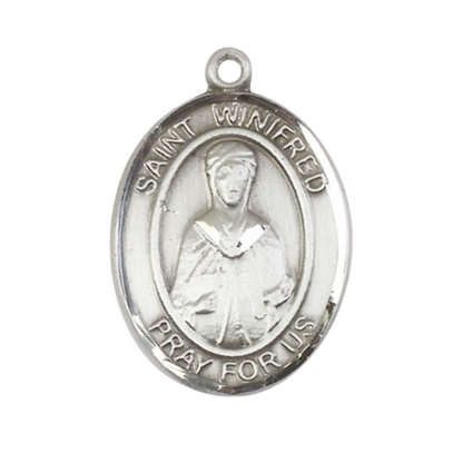 Oval Pewter Saint Winifred of Wales Medal Pendant on 24 inch Rhodium Plated Heavy Curb Brass Chain with Lobster Claw clasp , Catholic Religious Necklace -Made in USA - Deluxe Velvet Gift Box
