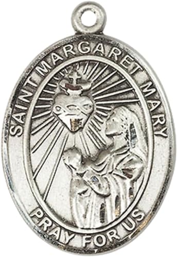 Women's Pewter Saint St. Margaret Mary Alacoque Medal Pendant on 18 Inch Rhodium Plated Lite Curb Brass Chain with Lobster Claw Clasp, Catholic Religious Necklace - Made in USA- Deluxe Velvet Gift Box