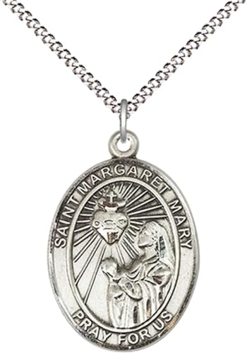 Women's .925 Sterling Silver Saint St. Margaret Mary Alacoque Medal Pendant on 18 Inch Rhodium Plated Lite Curb Brass Chain with Lobster Claw Clasp, Catholic Religious Necklace - Made in USA- Velvet Gift Box