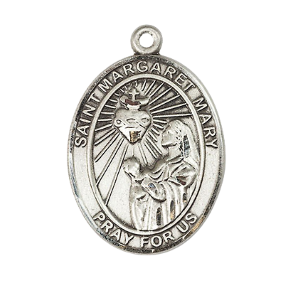 .925 Sterling Silver Saint St. Margaret Mary Alacoque Medal Pendant on 24 Inch Rhodium Plated Heavy Curb Brass Chain w/ Lobster Claw clasp, Catholic Religious Necklace - Made in USA- Deluxe Velvet Gift Box