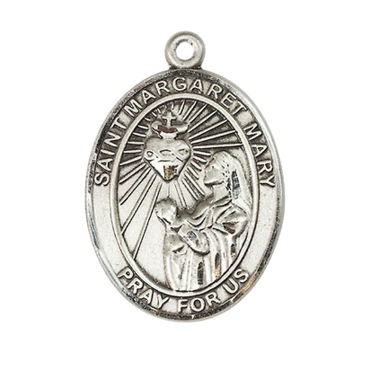 .925 Sterling Silver Saint St. Margaret Mary Alacoque Medal Pendant on 24 Inch Rhodium Plated Heavy Curb Brass Chain w/ Lobster Claw clasp, Catholic Religious Necklace - Made in USA- Deluxe Velvet Gift Box
