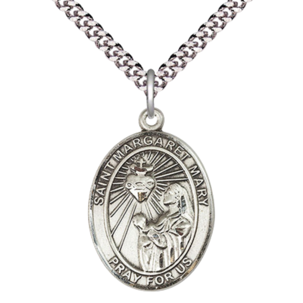 Saint St. Margaret Mary Alacoque Medal Necklace – Men's Pewter Pendant with 24 - Inch Light Rhodium Plated Chain – Patron Saint St. of Polio & Loss of Parents, Catholic Medal – Velvet Gift Box Included
