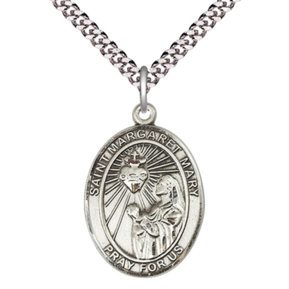 Saint St. Margaret Mary Alacoque Medal Necklace – Men's Pewter Pendant with 24 - Inch Light Rhodium Plated Chain – Patron Saint St. of Polio & Loss of Parents, Catholic Medal – Velvet Gift Box Included