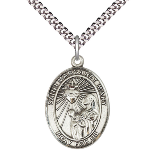 Saint St. Margaret Mary Alacoque Medal Necklace – Men's .925 Sterling Silver Pendant with 24- Inch Light Rhodium Plated Heavy Curb Chain – Patron Saint St. of Polio & Loss of Parents, Catholic Medal – Velvet Gift Box Included