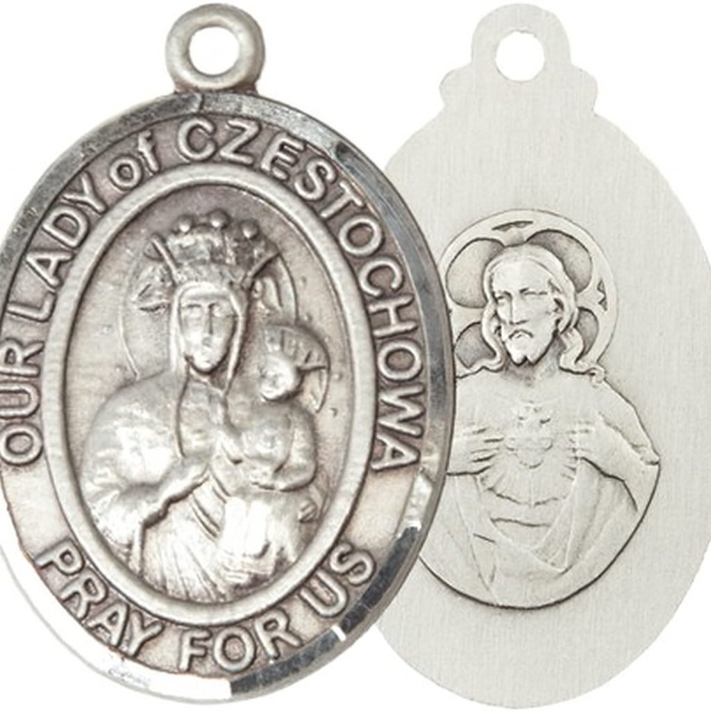 Women's Pewter Our Lady of Czestochowa Medal Pendant on 18 Inch Rhodium Plated Lite Curb Brass Chain with Lobster Claw Clasp, Catholic Religious Necklace - Made in USA- Deluxe Velvet Gift Box