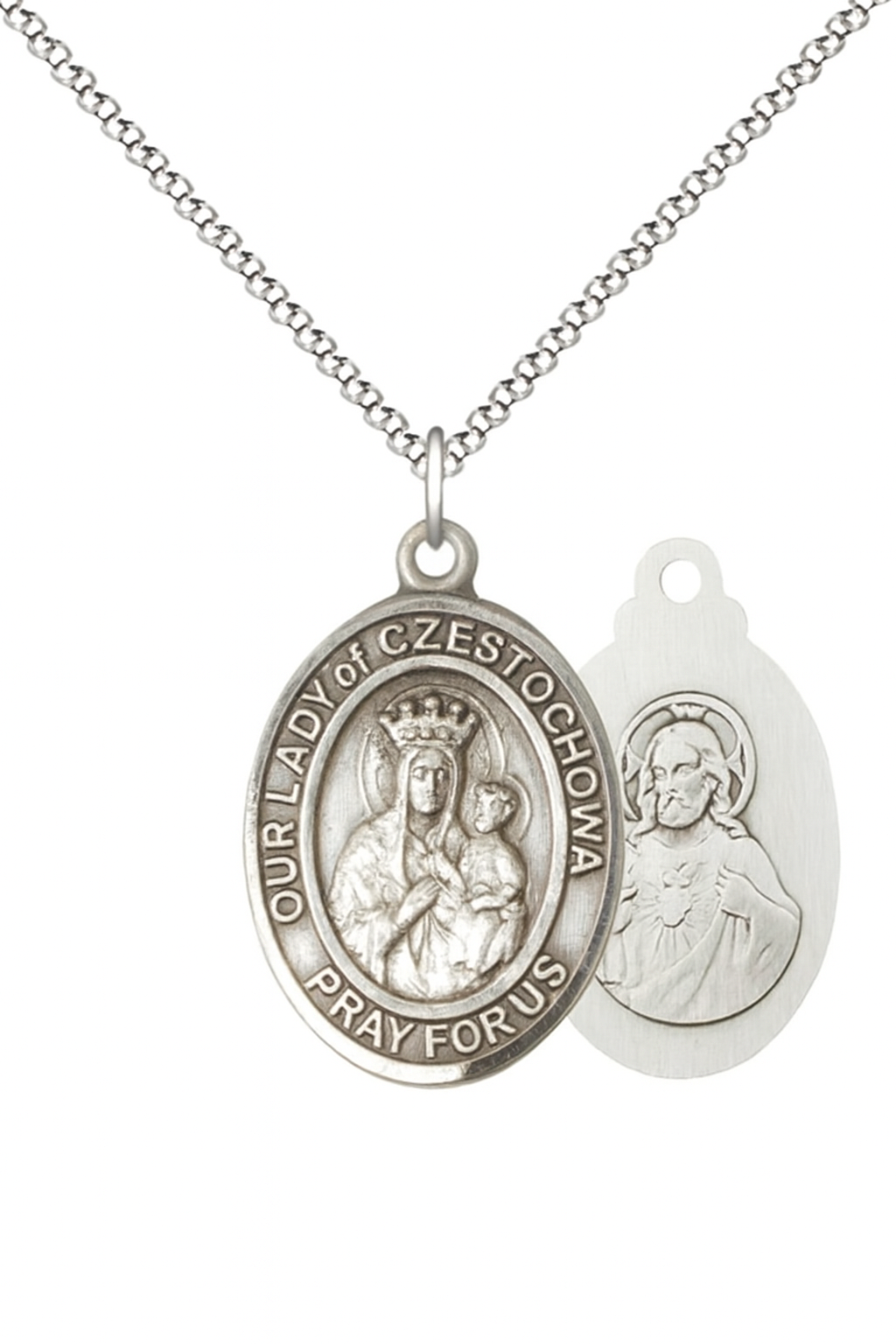 Women's Pewter Our Lady of Czestochowa Medal Pendant on 18 Inch Rhodium Plated Lite Curb Brass Chain with Lobster Claw Clasp, Catholic Religious Necklace - Made in USA- Deluxe Velvet Gift Box