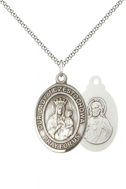 Women's Pewter Our Lady of Czestochowa Medal Pendant on 18 Inch Rhodium Plated Lite Curb Brass Chain with Lobster Claw Clasp, Catholic Religious Necklace - Made in USA- Deluxe Velvet Gift Box