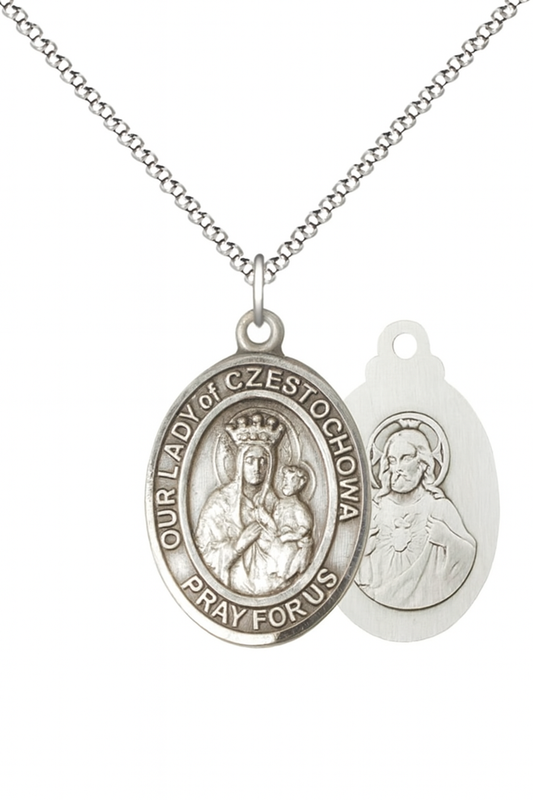 Women's Pewter Our Lady of Czestochowa Medal Pendant on 18 Inch Rhodium Plated Lite Curb Brass Chain with Lobster Claw Clasp, Catholic Religious Necklace - Made in USA- Deluxe Velvet Gift Box