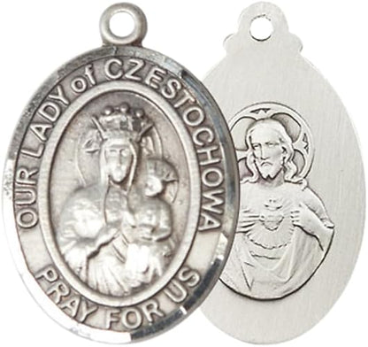 Oval Pewter Our Lady of Czestochowa Medal Pendant on 24 inch Rhodium Plated Heavy Curb Brass Chain with Lobster Claw clasp, Catholic Religious Necklace -Made in USA- Deluxe Velvet Gift Box