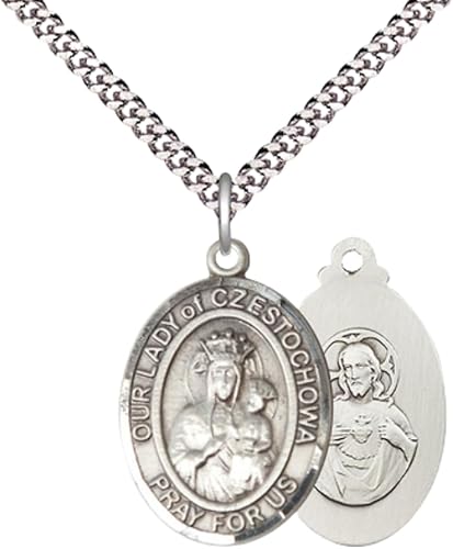 Oval Pewter Our Lady of Czestochowa Medal Pendant on 24 inch Rhodium Plated Heavy Curb Brass Chain with Lobster Claw clasp, Catholic Religious Necklace -Made in USA- Deluxe Velvet Gift Box