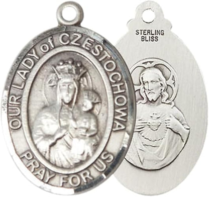 Women's .925 Sterling Silver Our Lady of Czestochowa Medal Pendant on 18 Inch Rhodium Plated Lite Curb Brass Chain with Lobster Claw Clasp, Catholic Religious Necklace - Made in USA- Velvet Gift Box