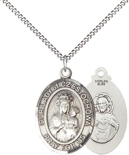 Women's .925 Sterling Silver Our Lady of Czestochowa Medal Pendant on 18 Inch Rhodium Plated Lite Curb Brass Chain with Lobster Claw Clasp, Catholic Religious Necklace - Made in USA- Velvet Gift Box