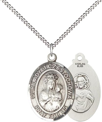 Women's .925 Sterling Silver Our Lady of Czestochowa Medal Pendant on 18 Inch Rhodium Plated Lite Curb Brass Chain with Lobster Claw Clasp, Catholic Religious Necklace - Made in USA- Velvet Gift Box