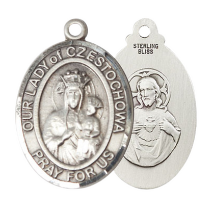 Our Lady of Czestochowa Medal Necklace – Men's Sterling Silver Pendant with 24-Inch Light Rhodium Plated Heavy Curb Chain – Velvet Gift Box Included