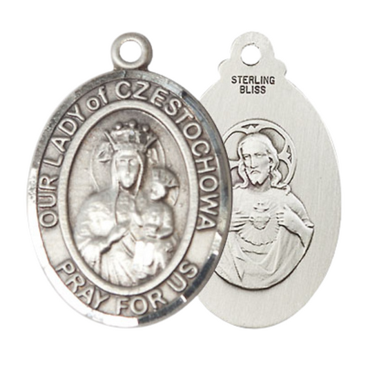 .925 Sterling Silver Our Lady of Czestochowa Medal Pendant on 24 Inch Rhodium Plated Heavy Curb Brass Chain with Lobster Claw clasp, Catholic Religious Necklace - Made in USA- Deluxe Velvet Gift Box
