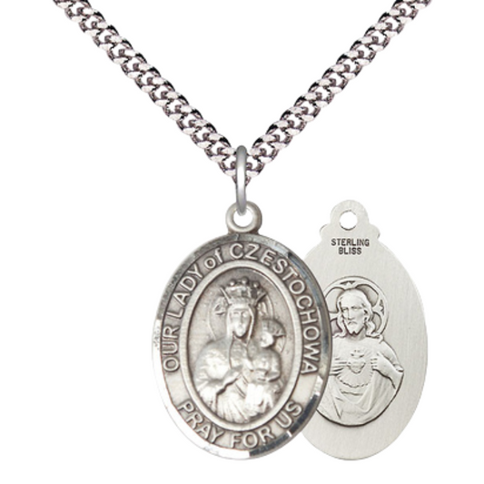 Our Lady of Czestochowa Medal Necklace – Men's Sterling Silver Pendant with 24-Inch Light Rhodium Plated Heavy Curb Chain – Velvet Gift Box Included