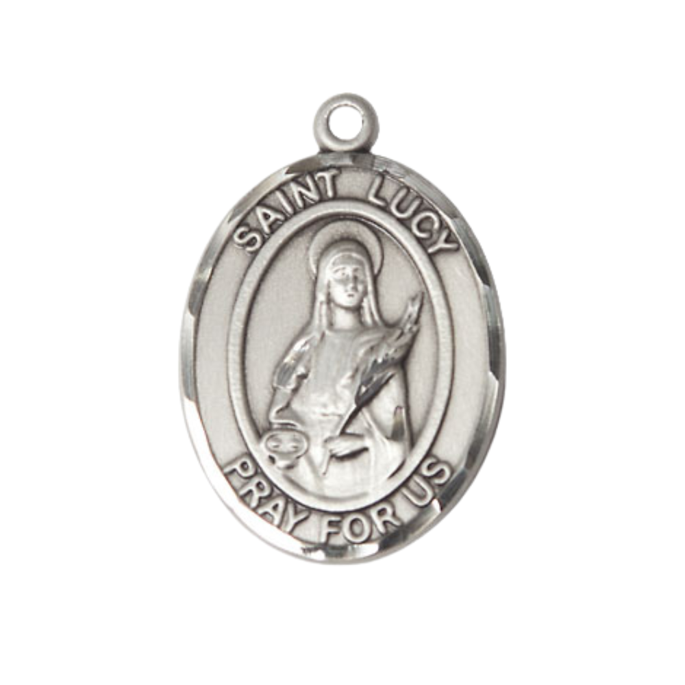 Everlasting Light Jewelry Women's Pewter Patron Saint St. Lucy Medal Pendant with 18 Inch Rhodium Plated Lite Curb Brass Chain Catholic Religious Necklace - Made in USA, Deluxe Velvet Gift Box