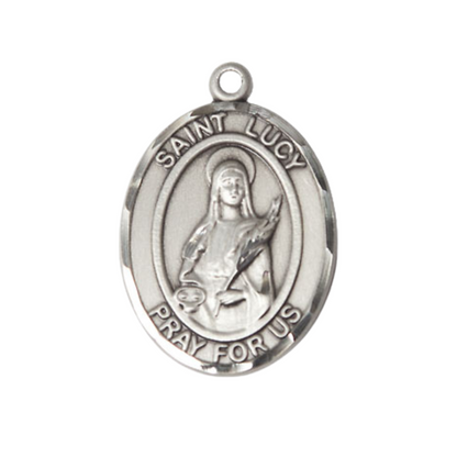 Everlasting Light Jewelry Women's Pewter Patron Saint St. Lucy Medal Pendant with 18 Inch Rhodium Plated Lite Curb Brass Chain Catholic Religious Necklace - Made in USA, Deluxe Velvet Gift Box