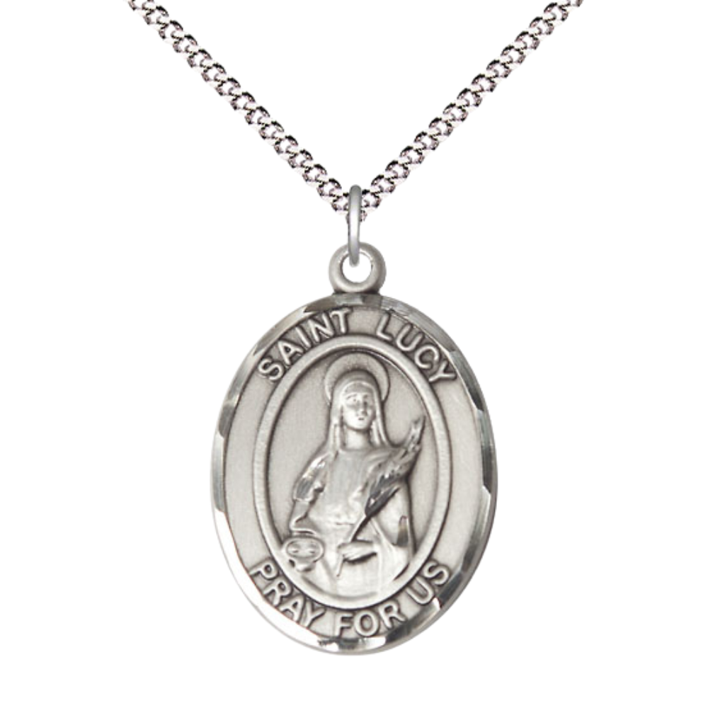Women's .925 Sterling Silver Patron Saint St. Lucy Medal Pendant with 18 Inch Rhodium Plated Lite Curb Brass Chain Catholic Religious Necklace - Made in USA, Deluxe Velvet Gift Box