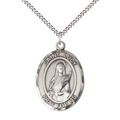 Women's .925 Sterling Silver Patron Saint St. Lucy Medal Pendant with 18 Inch Rhodium Plated Lite Curb Brass Chain Catholic Religious Necklace - Made in USA, Deluxe Velvet Gift Box