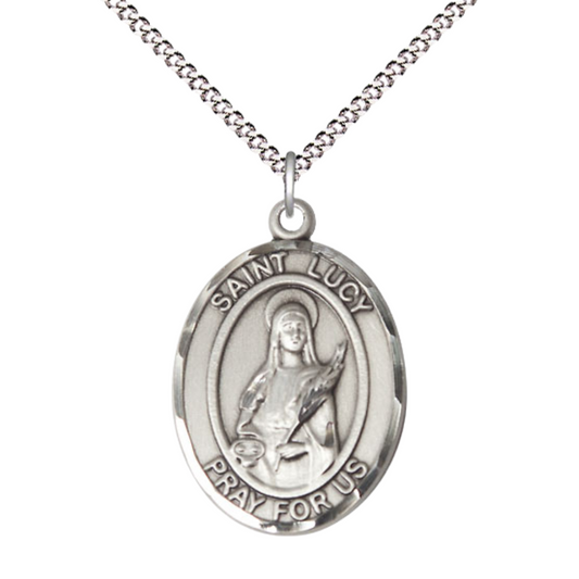 Women's .925 Sterling Silver Patron Saint St. Lucy Medal Pendant with 18 Inch Rhodium Plated Lite Curb Brass Chain Catholic Religious Necklace - Made in USA, Deluxe Velvet Gift Box