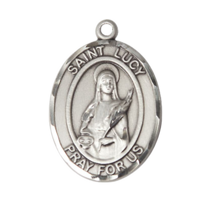 Women's .925 Sterling Silver Patron Saint St. Lucy Medal Pendant with 18 Inch Rhodium Plated Lite Curb Brass Chain Catholic Religious Necklace - Made in USA, Deluxe Velvet Gift Box