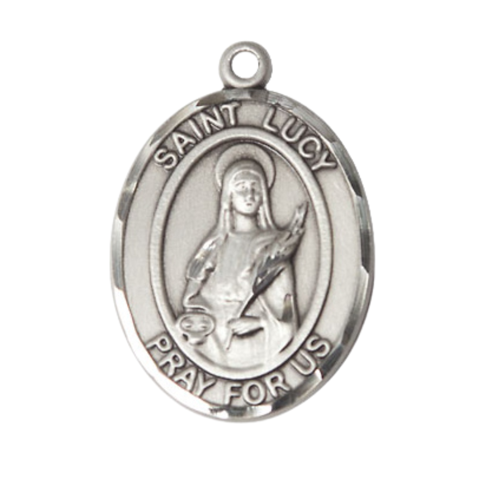 Oval .925 Sterling Silver Saint St. Lucy Medal Pendant on 24 inch Rhodium Plated Heavy Curb Brass Chain with Lobster Claw clasp, Catholic Religious Necklace - Made in USA- Deluxe Velvet Gift Box