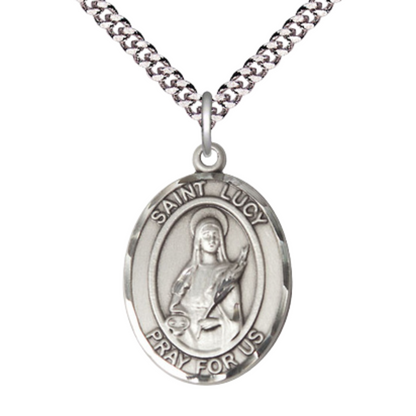 Saint St. Lucy Medal Necklace– Men's .925 Sterling Silver Pendant on 24 Inch Light Rhodium Plated Heavy Curb Chain – Catholic Religious Jewelry – Velvet Gift Box Included
