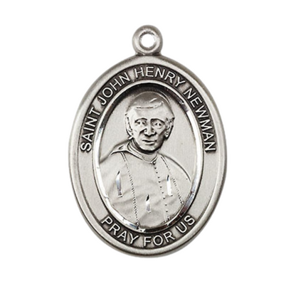 Sterling Silver Blessed John Henry Newman Medal Pendant on 24" Rhodium Plated Heavy Curb Brass Chain with Lobster Claw clasp, Catholic Religious Necklace -Made in USA- Deluxe Velvet Gift Box