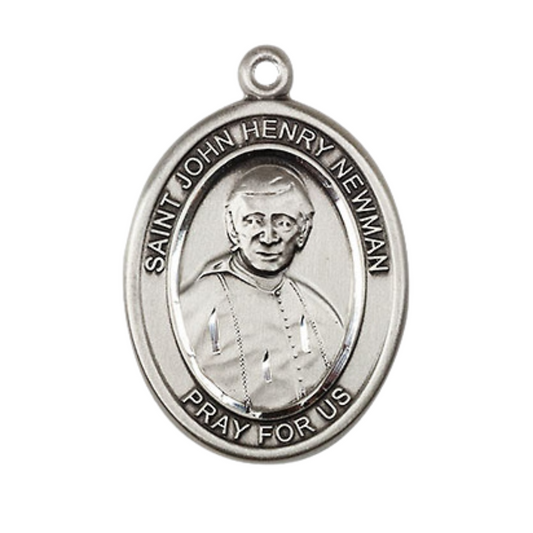 Sterling Silver Blessed John Henry Newman Medal Pendant on 24" Rhodium Plated Heavy Curb Brass Chain with Lobster Claw clasp, Catholic Religious Necklace -Made in USA- Deluxe Velvet Gift Box