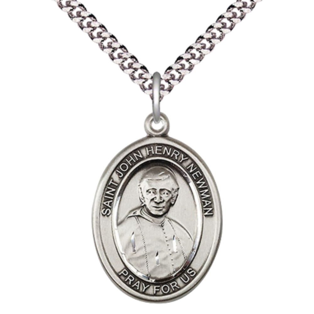 Blessed John Henry Newman Medal Necklace – Men's .925 Sterling Silver Pendant with 24Inch Light Rhodium Plated Heavy Curb Chain, Catholic Medal – Velvet Gift Box Included