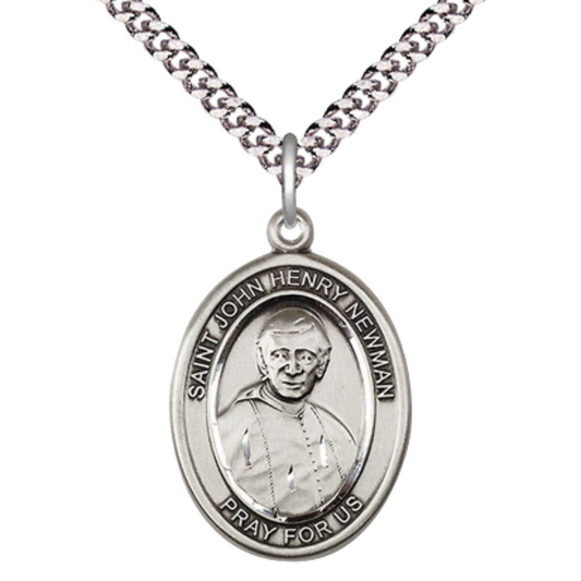 Blessed John Henry Newman Medal Necklace – Men's Pewter Pendant with 24- Inch Light Rhodium Plated Chain, Catholic Medal – Velvet Gift Box Included