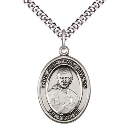 Oval Pewter Blessed John Henry Newman Medal Pendant on 24 inch Rhodium Plated Heavy Curb Brass Chain with Lobster Claw clasp, Catholic Religious Necklace - Made in USA- Deluxe Velvet Gift Box