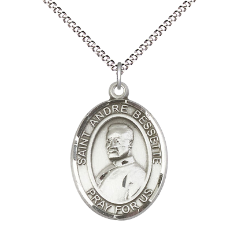 Women's .925 Sterling Silver Saint St. Andre Bessette Medal Pendant on 18 Inch Rhodium Plated Lite Curb Brass Chain with Lobster Claw Clasp, Catholic Religious Necklace - Made in USA- Velvet Gift Box