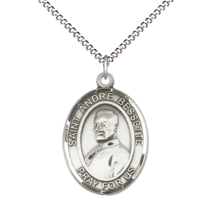 Women's .925 Sterling Silver Saint St. Andre Bessette Medal Pendant on 18 Inch Rhodium Plated Lite Curb Brass Chain with Lobster Claw Clasp, Catholic Religious Necklace - Made in USA- Velvet Gift Box