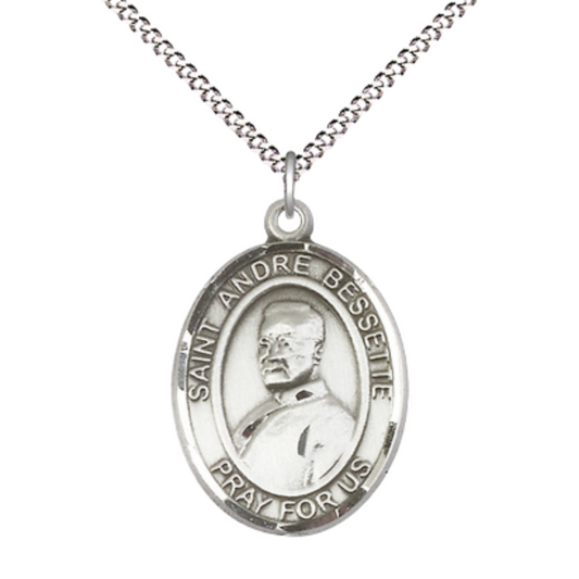 Women's .925 Sterling Silver Saint St. Andre Bessette Medal Pendant on 18 Inch Rhodium Plated Lite Curb Brass Chain with Lobster Claw Clasp, Catholic Religious Necklace - Made in USA- Velvet Gift Box