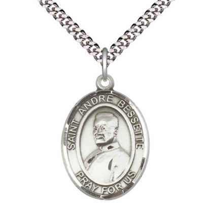 Saint André Bessette Medal Necklace – Men's Pewter Pendant with 24-Inch Light Rhodium Plated Chain – Velvet Gift Box Included