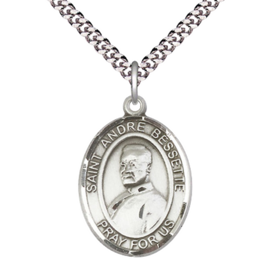Saint André Bessette Medal Necklace – Men's Pewter Pendant with 24-Inch Light Rhodium Plated Chain – Velvet Gift Box Included