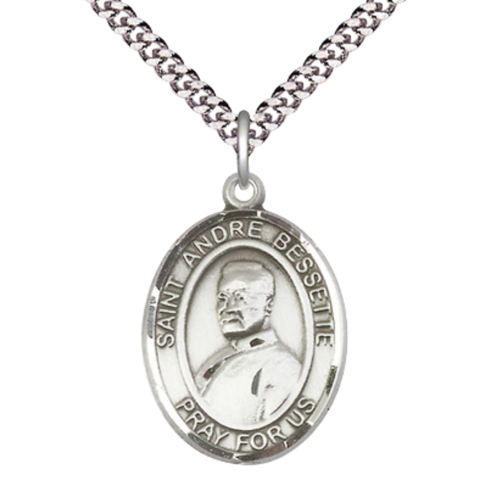 Saint St. André Bessette Medal Necklace – Men's .925 Sterling Silver Pendant with 24Inch Light Rhodium Plated Heavy Curb Chain, Catholic Medal – Velvet Gift Box Included