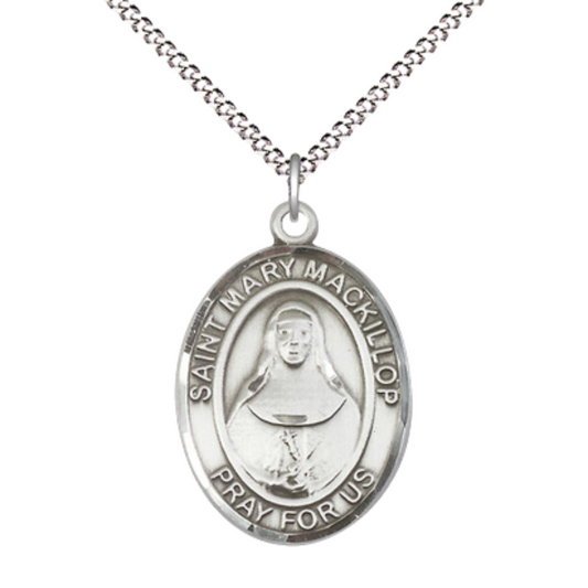 Women's Pewter Saint St. Mary Mackillop Medal Pendant on 18 Inch Rhodium Plated Lite Curb Brass Chain with Lobster Claw Clasp, Catholic Religious Necklace - Made in USA- Velvet Gift Box