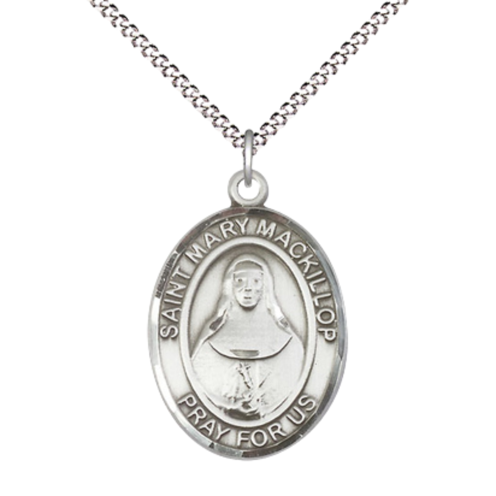 Women's .925 Sterling Silver Saint St. Mary Mackillop Medal Pendant on 18 Inch Rhodium Plated Lite Curb Brass Chain with Lobster Claw Clasp, Catholic Religious Necklace - Made in USA- Velvet Gift Box