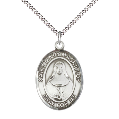 Women's .925 Sterling Silver Saint St. Mary Mackillop Medal Pendant on 18 Inch Rhodium Plated Lite Curb Brass Chain with Lobster Claw Clasp, Catholic Religious Necklace - Made in USA- Velvet Gift Box