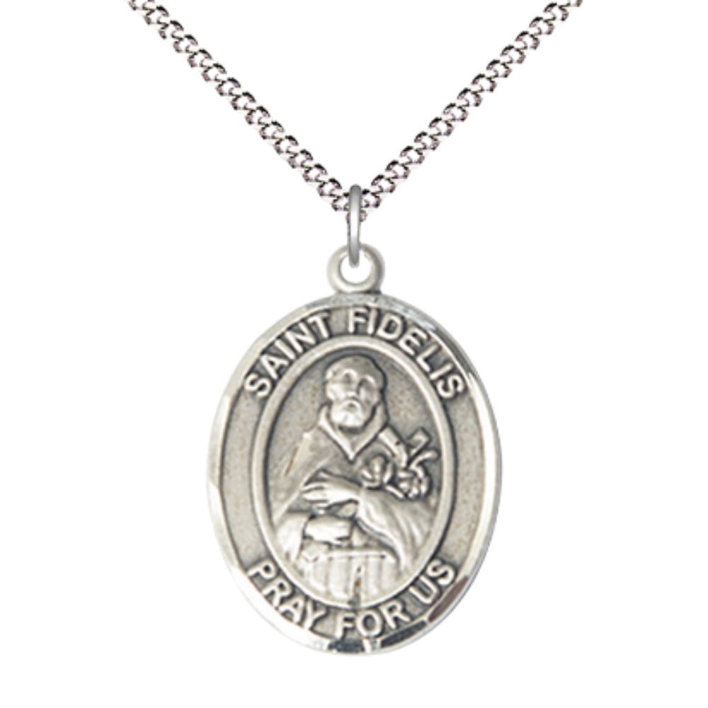 Women's .925 Sterling Silver Saint St. Fidelis Medal Pendant on 18 Inch Rhodium Plated Lite Curb Brass Chain with Lobster Claw Clasp, Catholic Religious Necklace - Made in USA- Velvet Gift Box