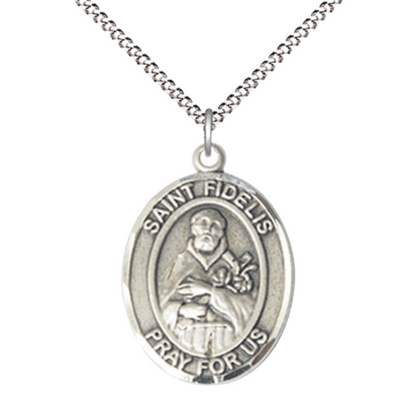 Women's .925 Sterling Silver Saint St. Fidelis Medal Pendant on 18 Inch Rhodium Plated Lite Curb Brass Chain with Lobster Claw Clasp, Catholic Religious Necklace - Made in USA- Velvet Gift Box