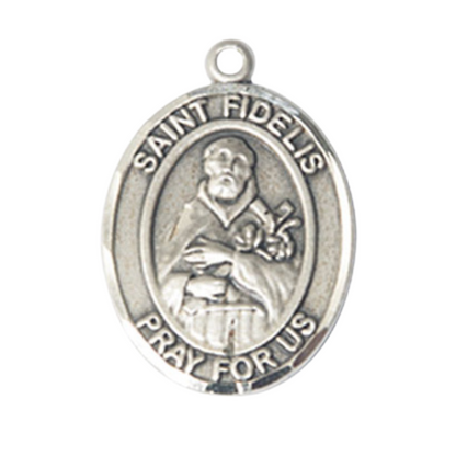 Oval .925 Sterling Silver Saint St. Fidelis Medal Pendant on 24 Inch Rhodium Plated Heavy Curb Brass Chain with Lobster Claw clasp, Catholic Religious Necklace - Made in USA- Deluxe Velvet Gift Box