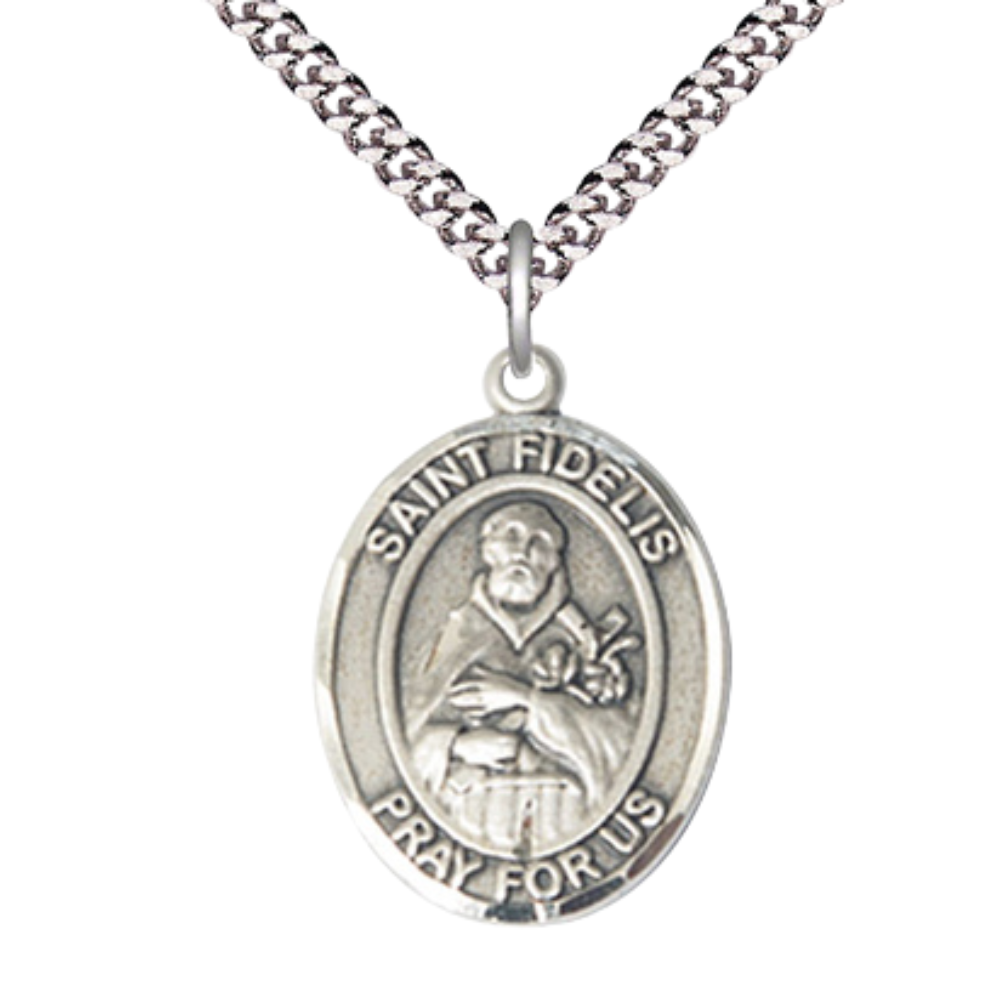 Saint Fidelis Medal Necklace – Men's Sterling Silver Pendant with 24-Inch Light Rhodium Plated Heavy Curb Chain – Velvet Gift Box Included