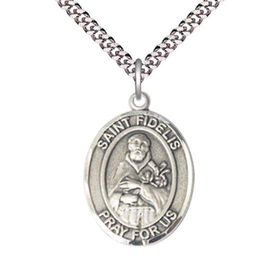 1 x 3/4" Oval Pewter Saint St. Fidelis Medal Pendant on 24 inch Rhodium Plated Heavy Curb Brass Chain with Lobster Claw clasp, Catholic Religious Necklace - Made in USA- Deluxe Velvet Gift Box