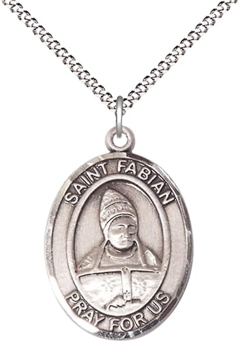 Everlasting Light Jewelry Women's Pewter Saint St. Fabian Medal Pendant on 18 Inch Rhodium Plated Lite Curb Brass Chain with Lobster Claw Clasp, Catholic Religious Necklace - Made in USA- Velvet Gift Box
